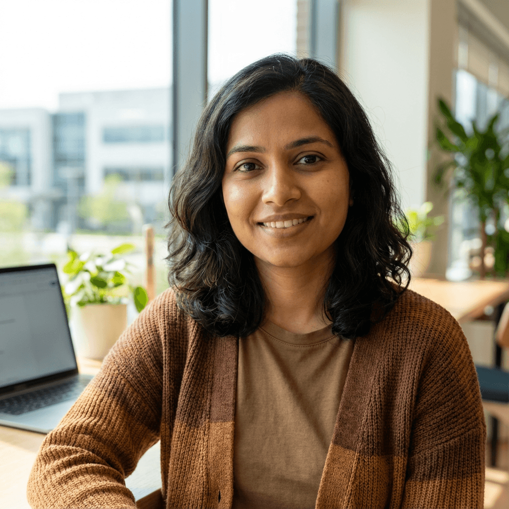 Priya Sharma, senior caregiver, smiling warmly in a soft blue uniform
