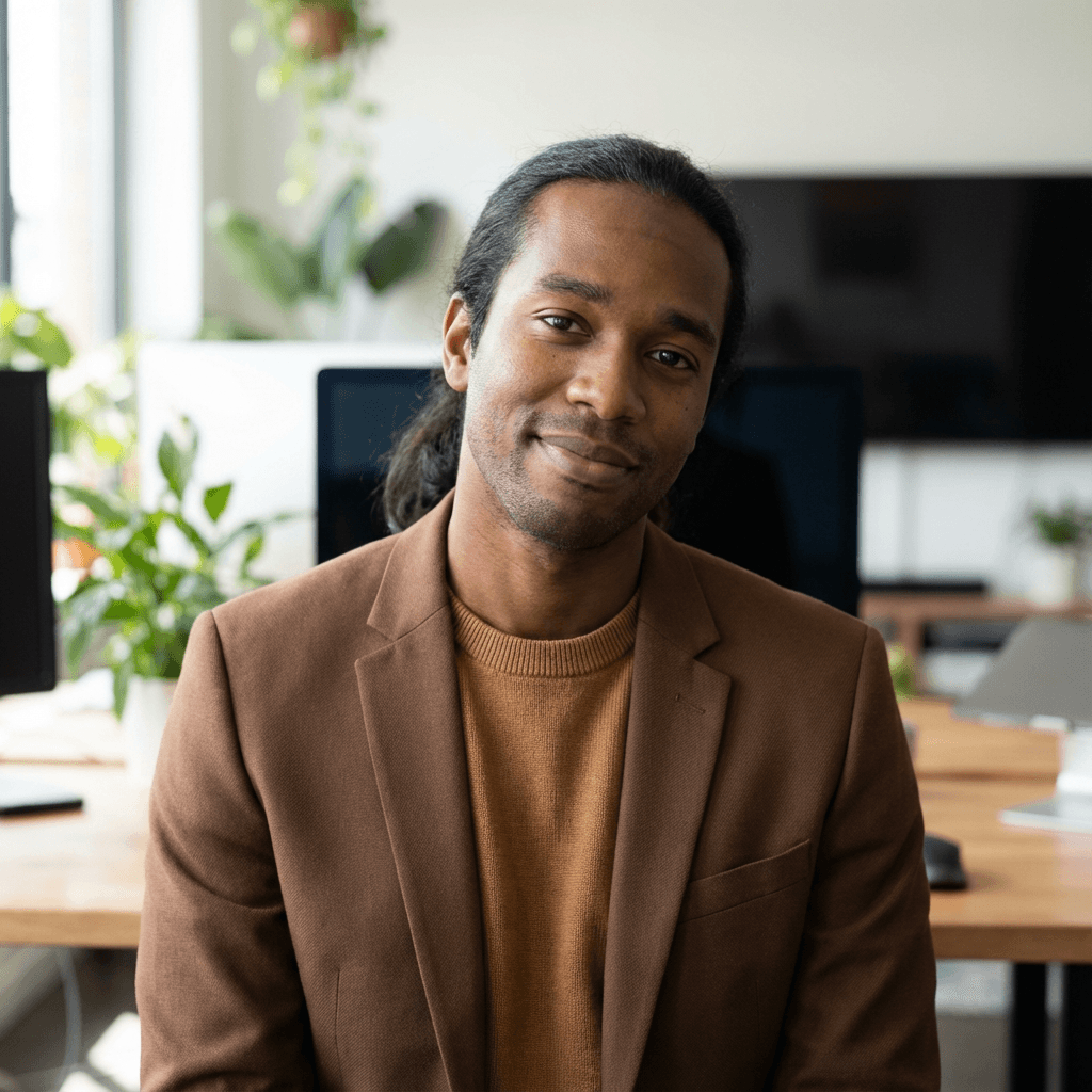 David Okafor, a Black man in his early 50s, in a cozy living room