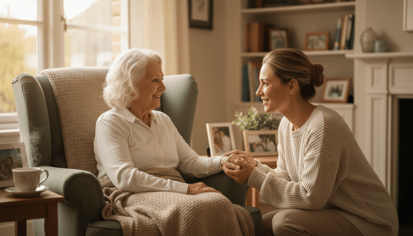 Smiling caregiver assisting an elderly woman in a cozy living room