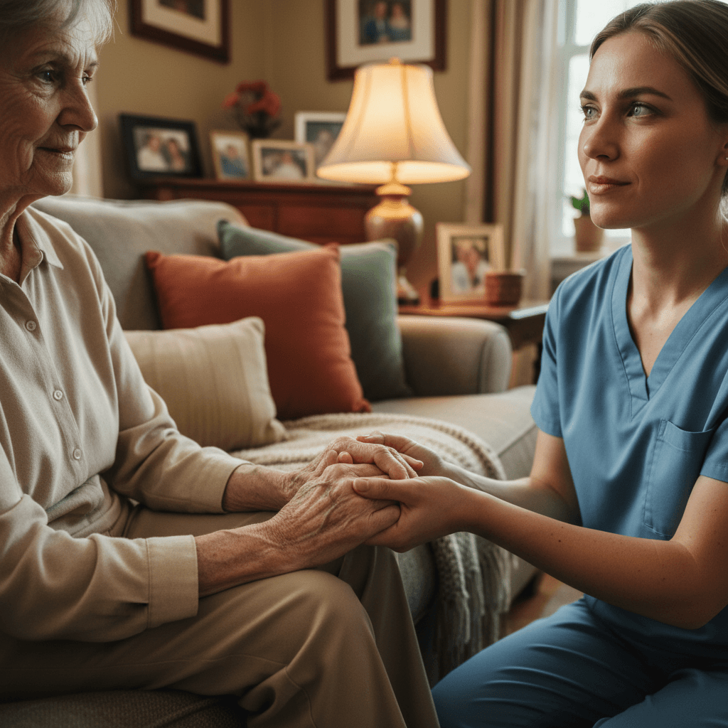 A caregiver gently assisting a happy senior woman while walking together through a bright, cozy living room
